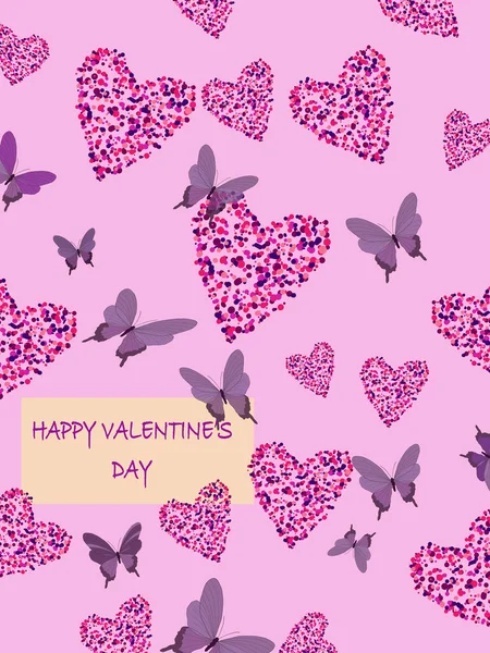 Šťastný Valentýn Přáníčko Jemné Tóny Pozadí Srdcí Krásných Motýlů Milostný — Stockový vektor