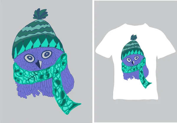 Funny Purple Owl Green Hat Vector Illustration Ready Print Shirts — Stock Vector