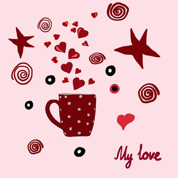 Красная Чашка Сердечками Виде Пара Символы Любви День Святого Валентина — стоковый вектор
