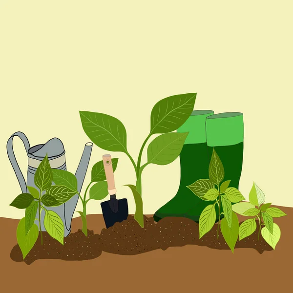 Bahçe Sulama Kutusu Lastik Botlar Bahçe Toprağında Duran Küreği Sebze — Stok Vektör