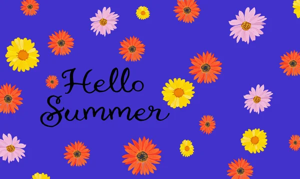 Επιγραφή Hello Summer Μπλε Φόντο Floral Φωτεινό Φόντο Καλοκαιρινές Διακοπές — Διανυσματικό Αρχείο