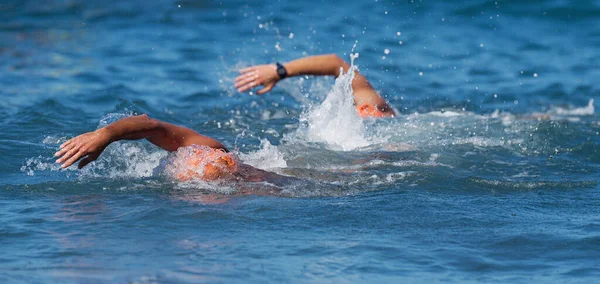 Två Simmare Simmar Blått Hav Träning För Triathlon — Stockfoto