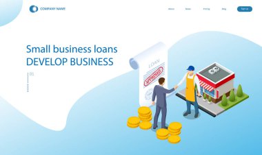Isometric küçük işletme kredisi finansal konsept oluşturur. Teminatsız kredi alan bir dükkan.