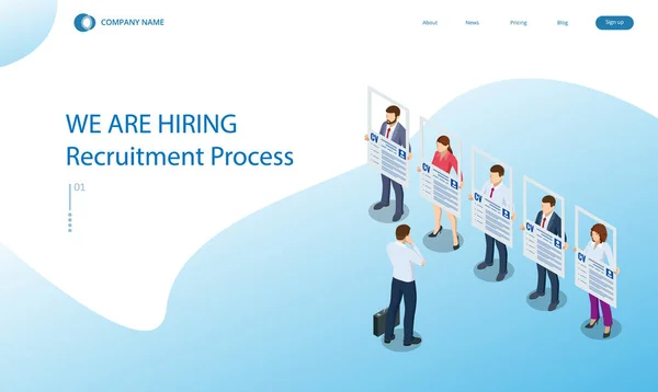Conceito isométrico de contratação e recrutamento. Procuro emprego na HR. Pesquisa de emprego online, conceito de recursos humanos. Infográficos de visualização de dados de negócios. Entrevista de emprego, agência de recrutamento — Vetor de Stock