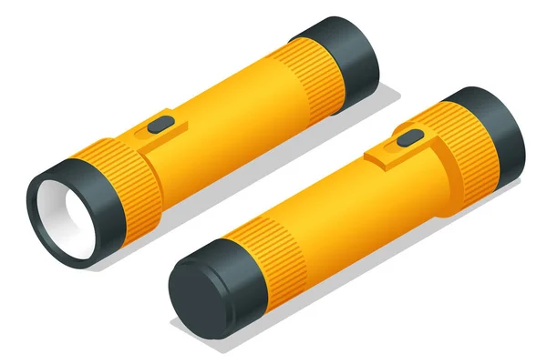 Isométrica linterna antorcha de plástico amarillo aislado sobre fondo blanco. Fuente de luz para uso individual. — Vector de stock