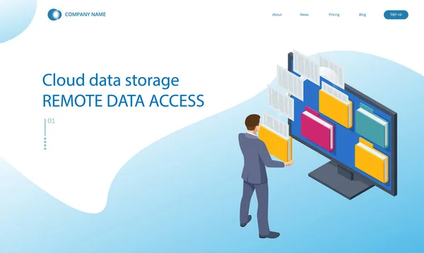 Archiviazione dati cloud isometrica accesso remoto ai dati, pianificazione delle attività di archiviazione dati sicura. — Vettoriale Stock