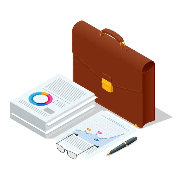 Isometrica valigetta icone impostate su sfondo bianco. Diplomat, per ufficio, per laptop. — Vettoriale Stock