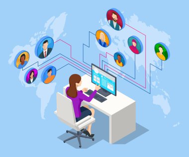 Isometric Sosyal Ağ Konsepti. Sohbet Mobil Uygulaması. Yönetim, Danışmanlık ve Pazarlama.