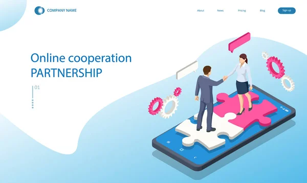 Gente isométrica conectando elementos del rompecabezas. Trabajo en equipo de negocios, cooperación, asociación. Trabajo en equipo, trabajo en equipo, organización corporativa. Puzzle trabajo en equipo. — Vector de stock