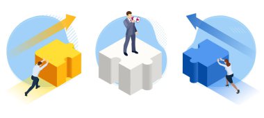 Yapboz elementleri kavramını birbirine bağlayan itici insanlar. Takım çalışması desteği. İşbirliği. İş ilişkileri, iş arkadaşları iş birliği