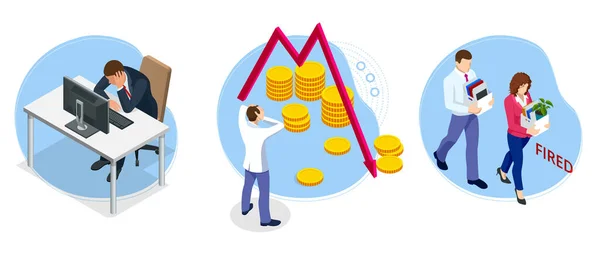 Isometrische mondiale financiële crisis concept. Een wereldwijde economische crash. Werkloosheid, werkloosheid en banenverlies onder werknemers metafoor. — Stockvector