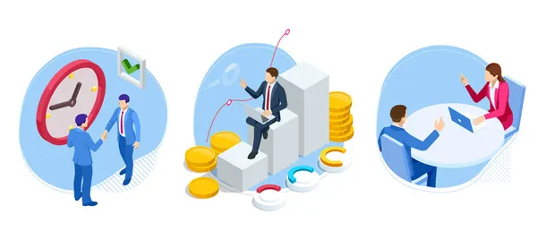 Isométrica Colaboração de negócios bem sucedida. B2B. Dados e indicadores-chave de desempenho para análise de inteligência de negócios. Empresários apertando as mãos —  Vetores de Stock