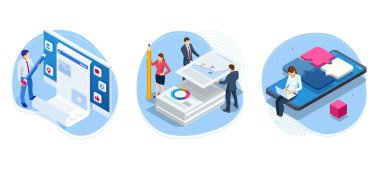 Isometric Başarılı İş İşbirliği. Ticari analiz, analitik, araştırma, strateji istatistiği, planlama, pazarlama, performans göstergelerinin incelenmesi.