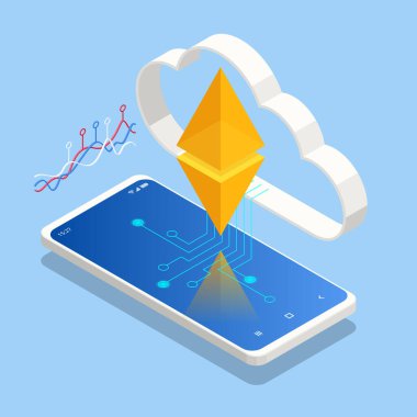 Isometric Ethereum merkezi olmayan, açık kaynaklı, akıllı sözleşme işlevselliği olan bir blokaj zinciri. Madencilik ve ticaret konsepti. Eter ETH ya da platformun yerel kripto para birimi.