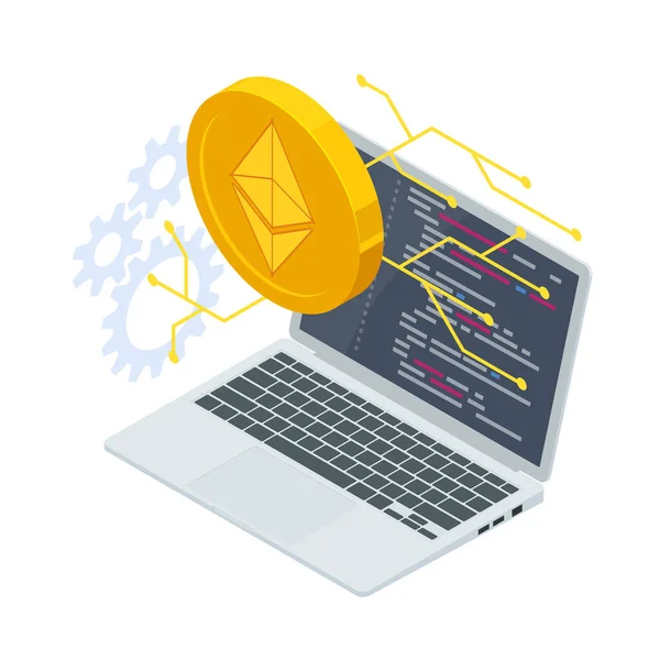 Isometric Ethereum ist eine dezentrale Open-Source-Blockchain mit intelligenter Vertragsfunktionalität. Bergbau und Handel Ethereum Konzept. Ether ETH oder ist die native Kryptowährung der Plattform. — Stockvektor