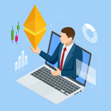 Isometric Ethereum merkezi olmayan, açık kaynaklı, akıllı sözleşme işlevselliği olan bir blokaj zinciri. Madencilik ve ticaret konsepti. Eter ETH ya da platformun yerel kripto para birimi.