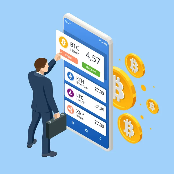 Isometrische Digital Wallet-Technologie für Kryptowährung Bitcoin. Digitale Brieftasche auf dem Handy — Stockvektor