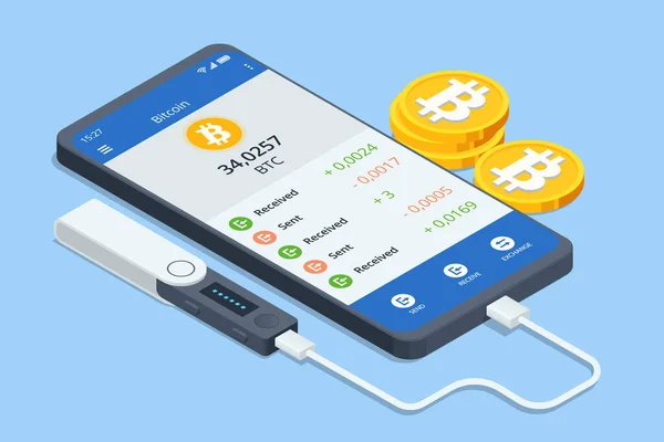 Isometrische Digital Wallet-Technologie für Kryptowährung Bitcoin. Digitale Brieftasche auf dem Handy — Stockvektor