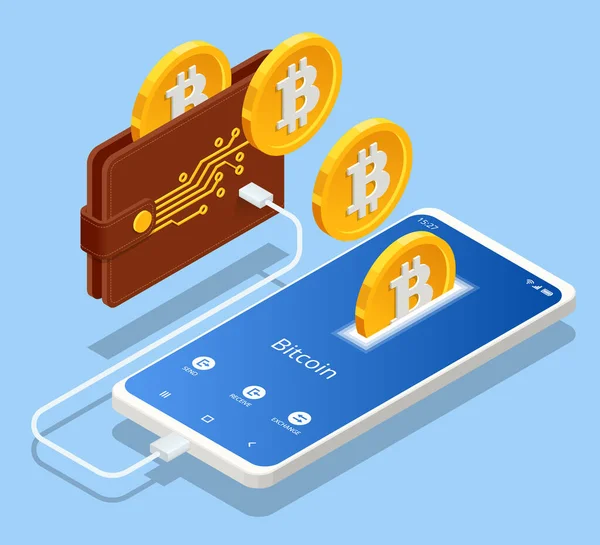 Izometrická technologie digitální peněženky pro bitcoin kryptoměny. Aplikace digitální úschovny na mobilu — Stockový vektor