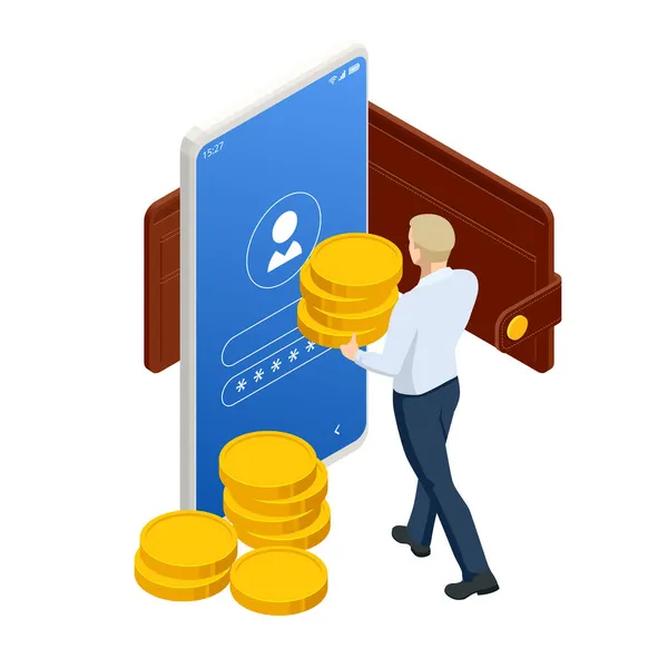 Isometric online ödeme, e-transfer dijital cüzdan, çevrimiçi para, web sayfası için mobil ödemeler, afiş, sunum, sosyal medya, belgeler, kartlar. — Stok Vektör