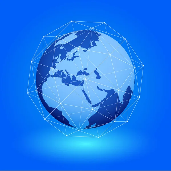 Échange de données isométriques et réseau mondial à travers le monde. Contours des continents à partir de particules chaotiques chatoyantes. Science et technologies modernes. — Image vectorielle