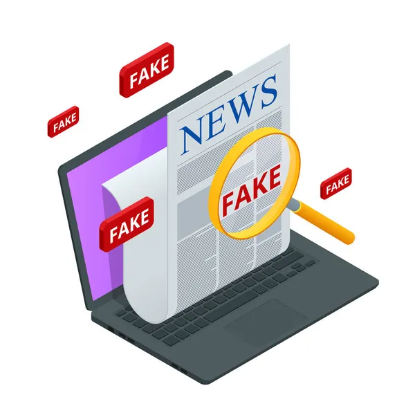 Isométrico Fake News Concept. Falso Portal de Periódicos. Online Corona Noticias falsas en un ordenador portátil. — Vector de stock