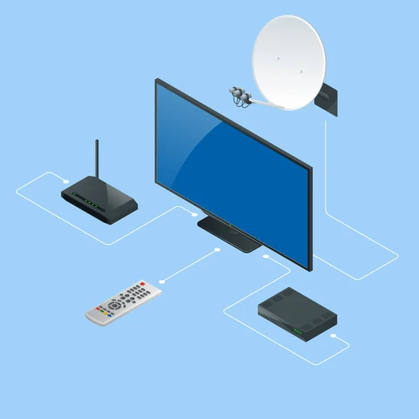Isometrische Antenne, Satellitenantenne TV-Router, TV. TV-Stream laden — Stockvektor