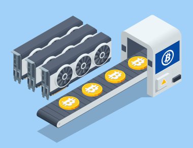 Bilgisayar kartı kullanan bitcoins kripto 'nun Isometric Creation of bitcoins. Kriptomining çiftliği. Kripto para birimi madencilik ekipmanları