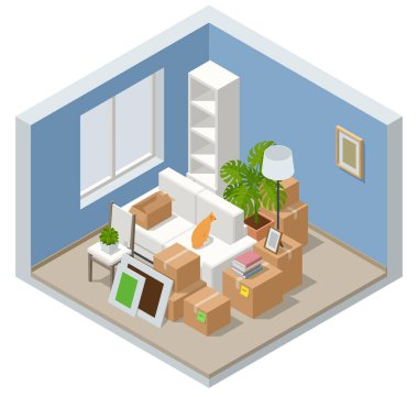 Isometric Mobilya Teslimatı, taşınma konsepti. Karton kutular ve eşyalar. Yeniden Yerleştirme.