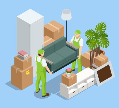 Isometric Mobilya Teslimatı, taşınma konsepti. Karton kutular ve eşyalar. Yeniden Yerleştirme.