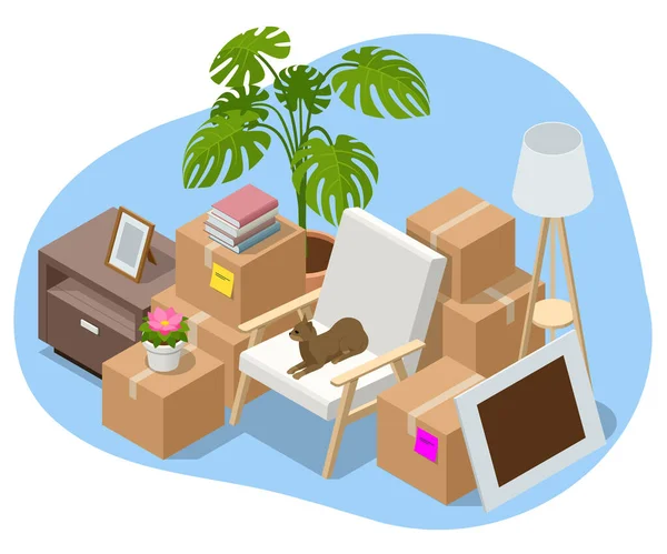 Fornitura di mobili isometrici, concetto di servizio casa in movimento. Scatole di cartone con roba. Trasferimento. — Vettoriale Stock