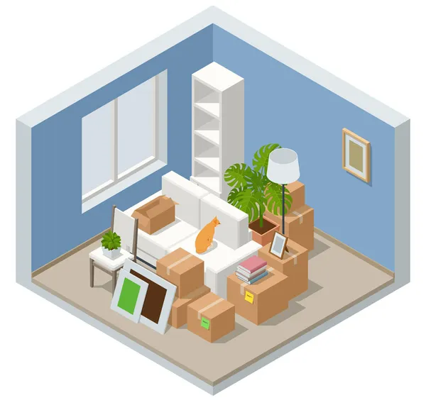 Isometric Furniture delivery, moving house service concept. Carton boxes with stuff. Relocation. — Stock Vector