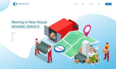 Isometric Taşımacılık Şirketi İşçisi Kutuları ve Mobilyaları Taşıyor, Kamyon Teslimatı. İçi ev eşyalarıyla dolu bir kamyon. New House 'a taşınıyorum. Mallarla dolu kutular. Karton Kutulu Adam.