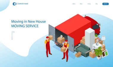 Isometric Taşımacılık Şirketi İşçisi Kutuları ve Mobilyaları Taşıyor, Kamyon Teslimatı. İçi ev eşyalarıyla dolu bir kamyon. New House 'a taşınıyorum. Mallarla dolu kutular. Karton Kutulu Adam.