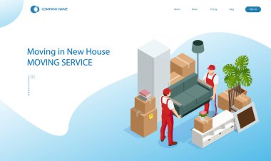 Isometric Taşımacılık Şirketi İşçisi Kutuları ve Mobilyaları Taşıyor, Kamyon Teslimatı. İçi ev eşyalarıyla dolu bir kamyon. New House 'a taşınıyorum. Mallarla dolu kutular. Karton Kutulu Adam.