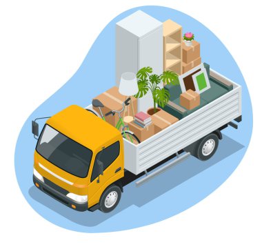 Isometric Taşımacılık Şirketi İşçisi Kutuları ve Mobilyaları Taşıyor, Kamyon Teslimatı. İçi ev eşyalarıyla dolu bir kamyon. New House 'a taşınıyorum. Mallarla dolu kutular. Karton Kutulu Adam.