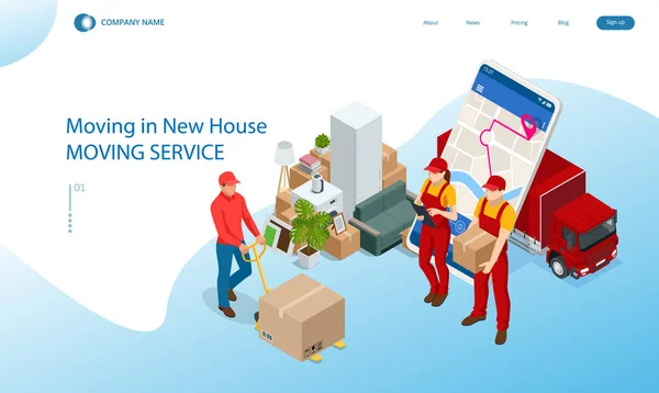 Isometric Moving Company Worker Carrying Boxes and Furniture, Truck Delivering. Доставка вантажівки в повному обсязі домашнього одягу. Переїзд до Нового дому. Бокс з продуктами. Людина з картоном Бокс. — стоковий вектор