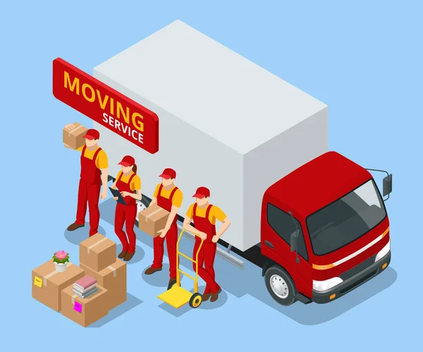 Isometric Moving Company Worker Carrying Boxes and Furniture, Truck Delivery. Dodávka Náklaďák plný domácích věcí uvnitř. Stěhuju se do Nového domu. Krabice se zbožím. Muž s kartonovými krabicemi. — Stockový vektor