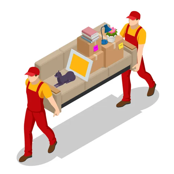 Isometric Moving Company Worker Carrying Boxes and Furniture, Truck Delivering. Delivery Truck Full of Home Stuff Inside. Moving to New House. Boxes with Goods. Man with Cardboard Boxes. — Stock Vector