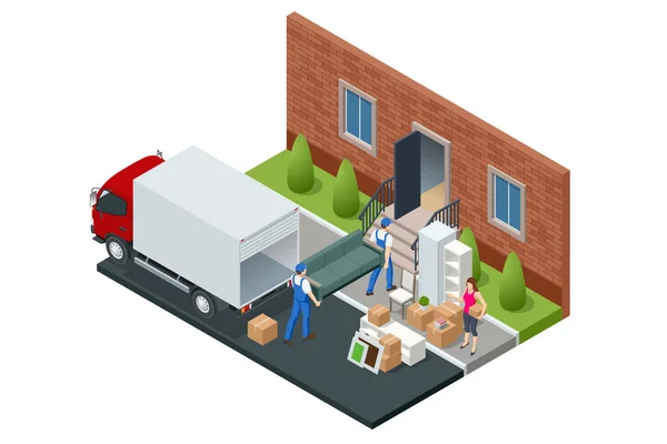 Isometric Moving Company Worker Boîtes de transport et meubles, livraison de camions. Camion de livraison plein de trucs de maison à l'intérieur. Je déménage à New House. Boîtes avec marchandises. Homme avec boîtes en carton. — Image vectorielle