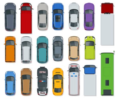 Araba seti yukarıdan görünüyor. Şehirdeki araçlar ve servis araçları. Taksi, ambulans, otobüs, polis, safari yolculuğu, Mini, metro treni, itfaiye kamyonu, kargo kamyonu, elektrikli araba, Sedan.