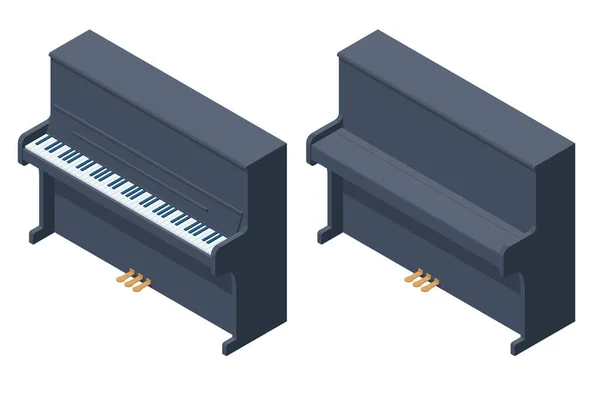 Piano vertical isométrico aislado sobre fondo blanco. El piano es un instrumento acústico, de teclado y de cuerda — Archivo Imágenes Vectoriales