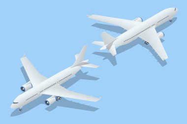 Mavi Arkaplanda Isometric uçakları. Uçağın Endüstriyel Planı. A-320 numaralı uçak tepede.