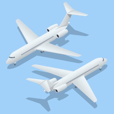 Mavi Arkaplanda Isometric uçakları. Uçağın Endüstriyel Planı. Top Airplane MD-90 'da uçak
