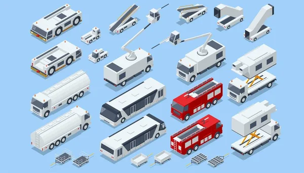 Isometrische bedrijfsvoertuigen, Zelfrijdende Ladder,, Trekker op het luchtvaartterrein, Benzine, Brandweerauto — Stockvector