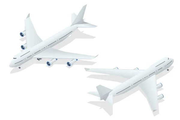Aviones isométricos sobre fondo azul. Plano Industrial de Avión. Airbus Industries Airplane B-747 super jumbo pasajeros de gran cuerpo ancho — Vector de stock