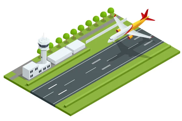 Isométrico avión de pasajeros grandes está aterrizando a la pista del aeropuerto. Un avión de línea, aviones para el transporte de pasajeros y carga aérea. — Vector de stock
