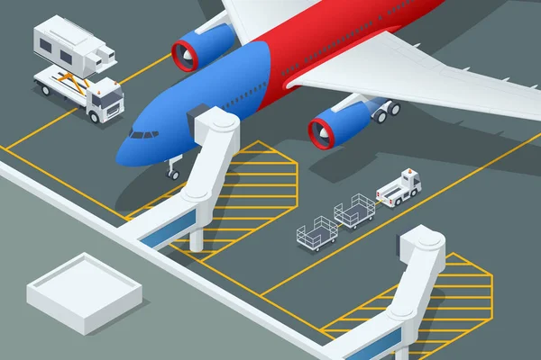 Isometric Airport aan boord van vliegtuigen Airbus. Passagiers aan boord. Jet Bridge beweegbare skybridge op de luchthaven — Stockvector