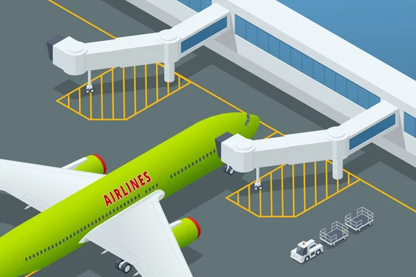 Isometriska flygplatsen går ombord på flygplan Airbus. Flygpassagerare under ombordstigning. Jet Bridge flyttbar skybridge på flygplatsen — Stock vektor