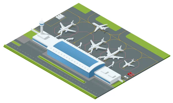 Aeropuerto isométrico con muchos aviones. Industria de aviación. Avión jet de pasajeros estacionado en una rampa de embarque — Vector de stock